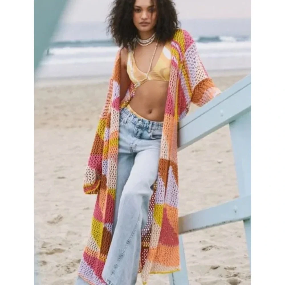 NWOT Free People Chasing Rainbows Long Cardigan Duster Crochet Size XS/S